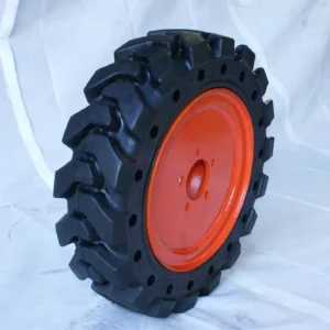 A close up of an orange tire on a white background