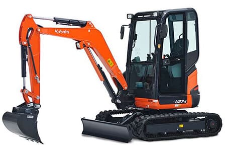 A small orange and black excavator is parked